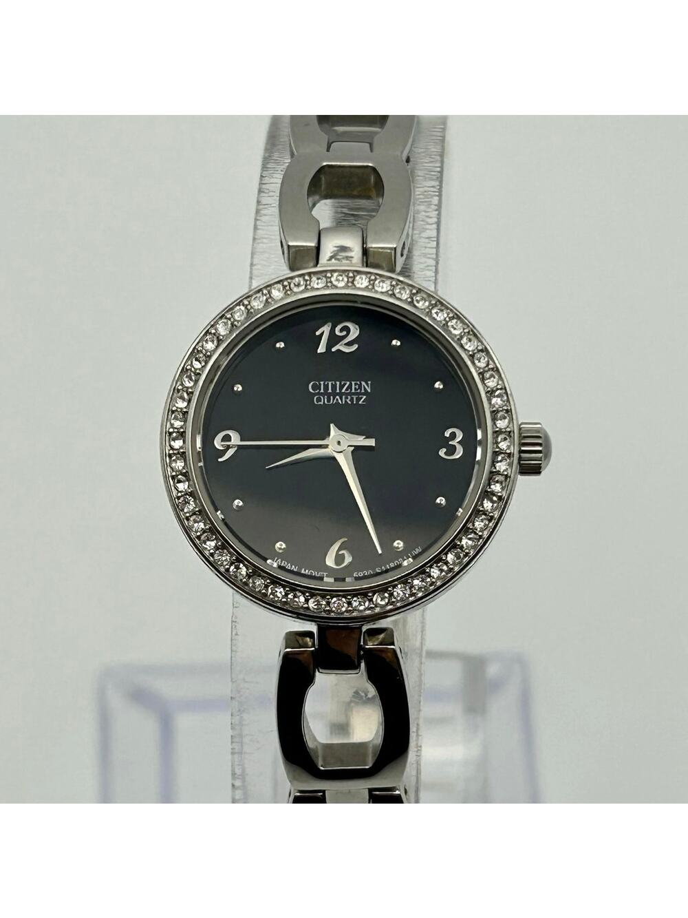 Citizen Silver Tone Black Dial Crystal Bezel Women’s Watch Working New Battery
